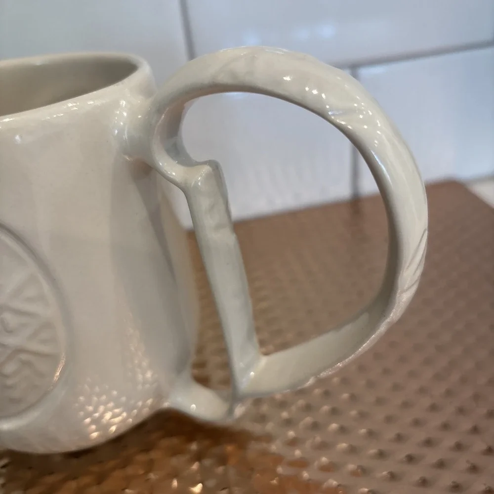 Pottery Barn A-Z Monogram Raised Letter D Coffee Tea Cup Mug Ornate Handle Ivory
